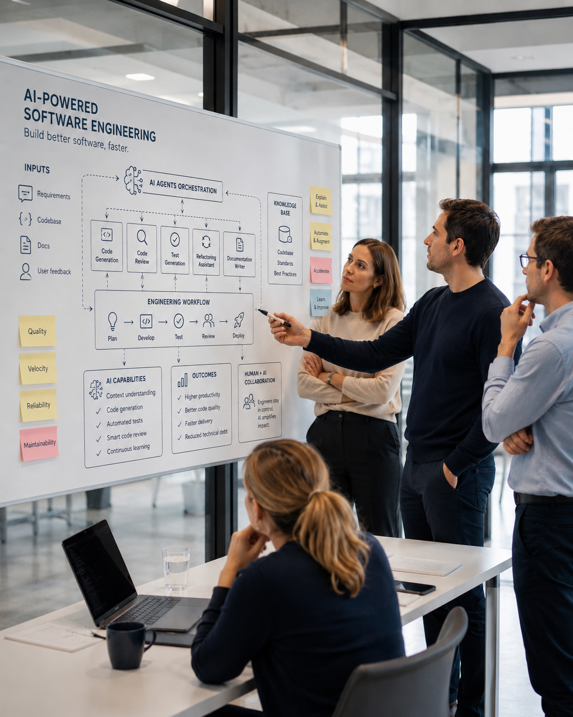 Experts DeepCodIA en atelier autour d'un tableau d'architecture logicielle.